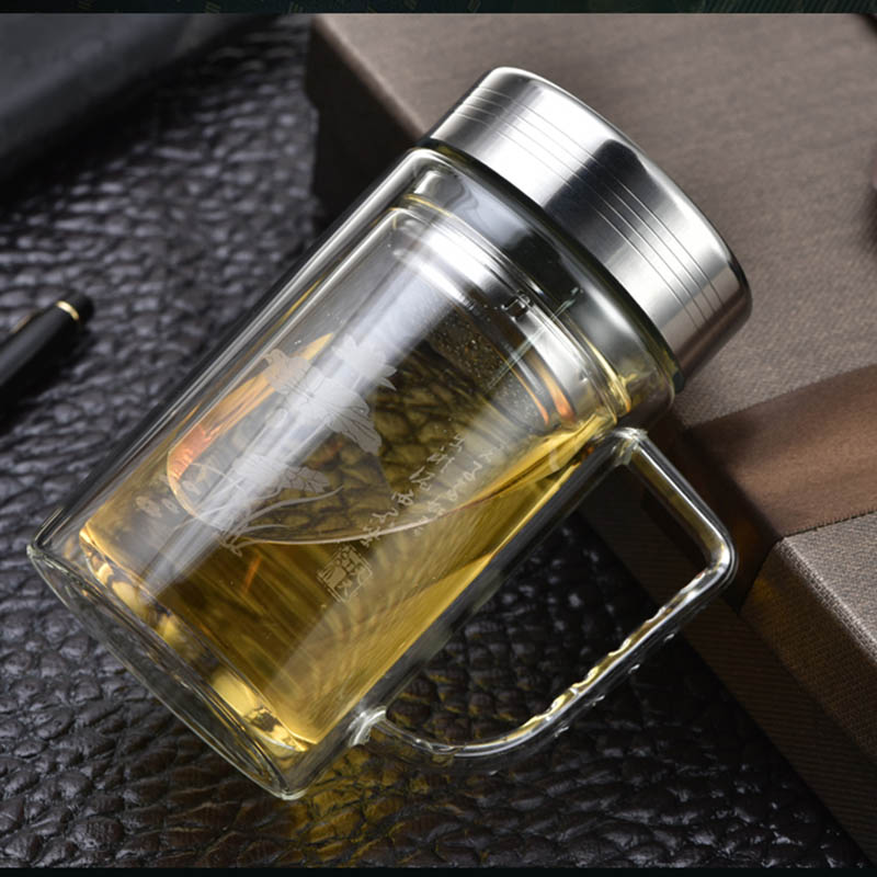 水杯雙層玻璃杯子禮品杯便攜茶杯隨手杯辦公室帶蓋泡茶過(guò)濾杯